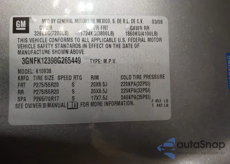 2008 Chevrolet Avalanche 1500 Ltz z USA, uszkodzony, nr VIN 3GNFK12398G265449